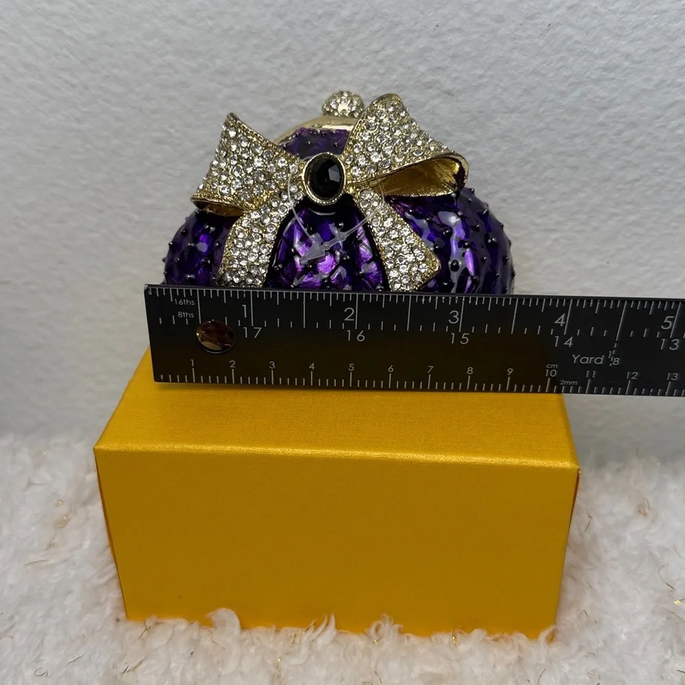 Purple Crystal Bow Minaudiere Evening Clutch Bag Gold Tone Rhinestone Hard Shell